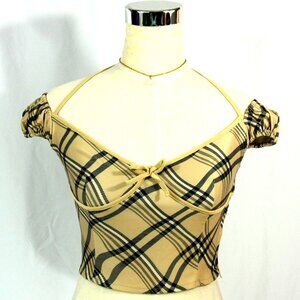 I AM GIA Cropped Classic Plaid Open Off The Shoulder Stretch Top Sexy Beige XS